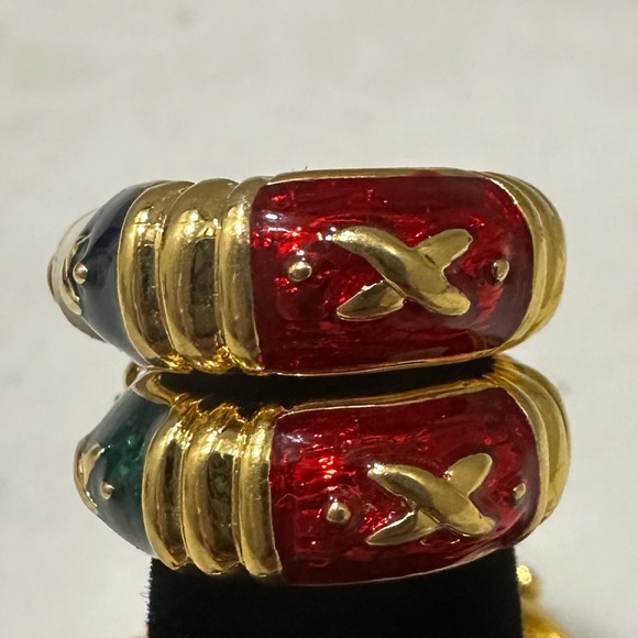 Vintage Joan Rivers Green & Red Enamel X Pattern Gold-tone Clip On Hoop Earrings - Picture 1 of 8